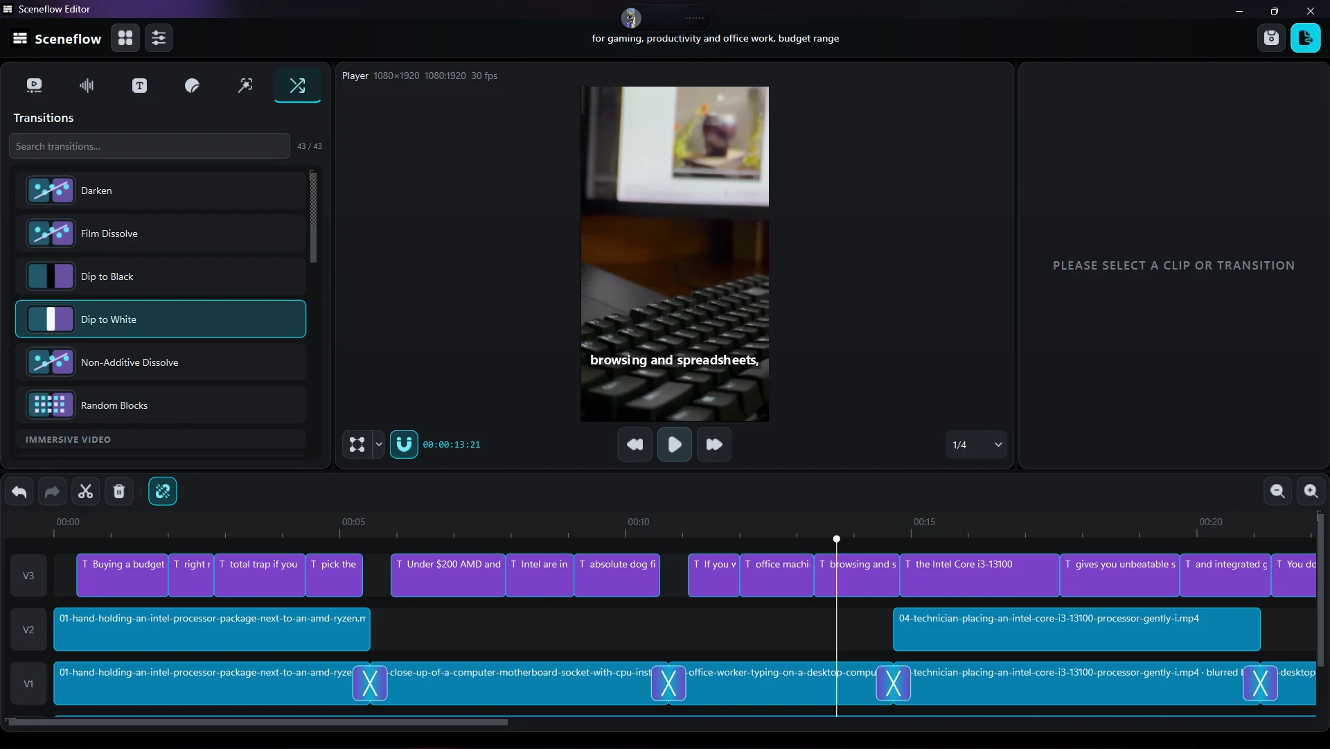 SceneFlow editor with transitions, a video preview and layered captions on the timeline